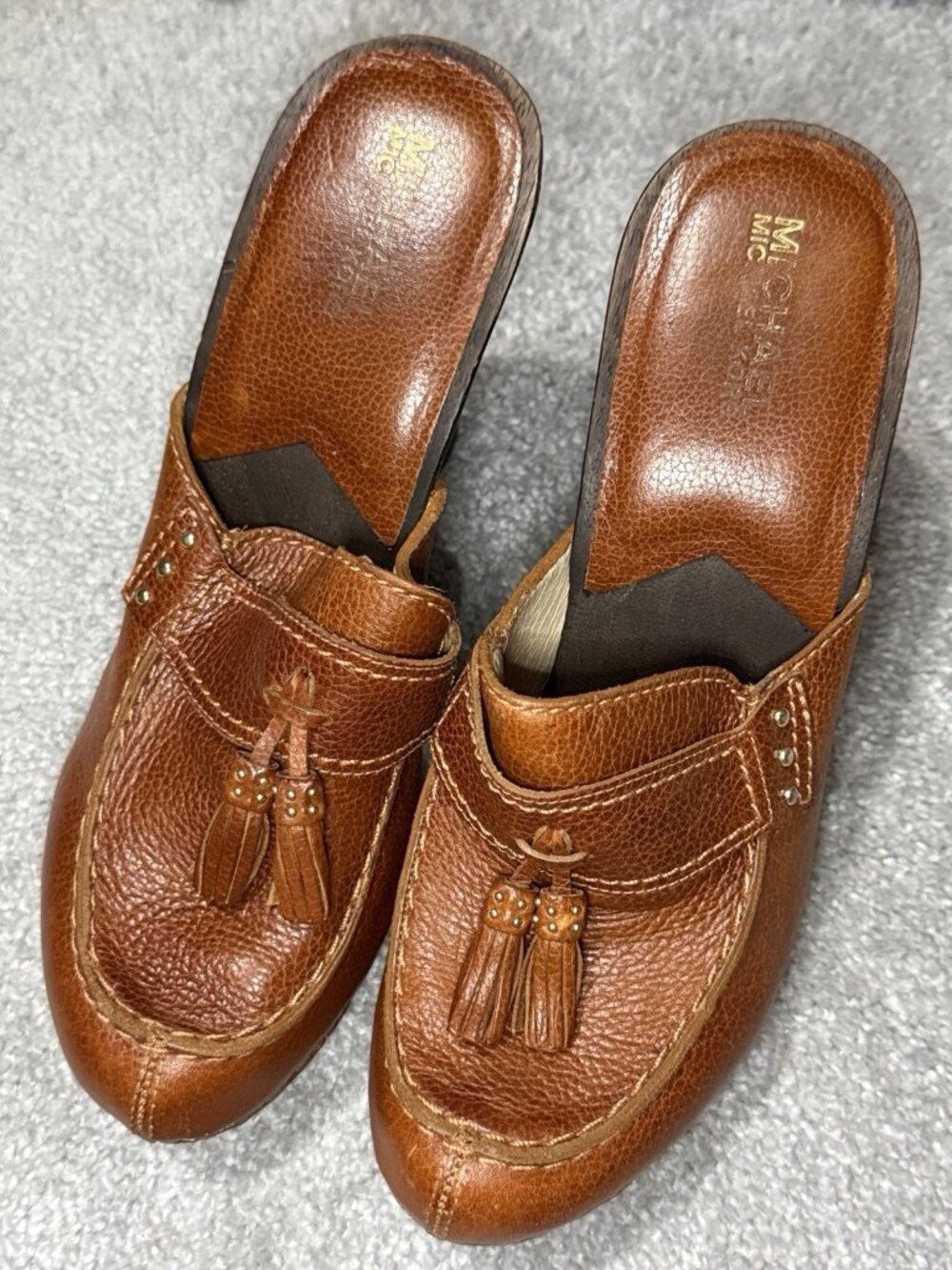 Michael Kors Brown Leather Upper 4” Heeled Mules Size 8.5M Tassels Clogs